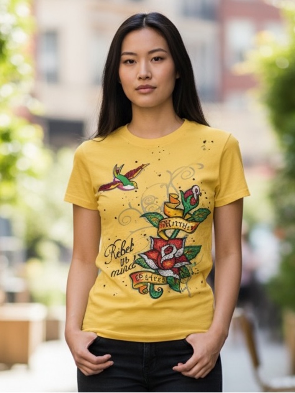 💛 Y2K Sugar & Rox Rebel in Mind Graphic Tee Rhinestone Tattoo Style S